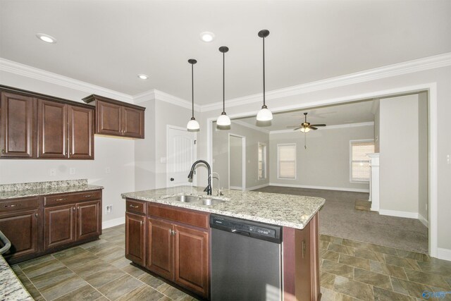 kitchen featuring light stone countertops, sink, dishwasher, ornamental molding, and a kitchen island with sink