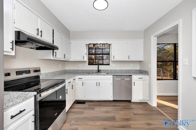 kitchen featuring dark wood-type flooring, appliances with stainless steel finishes, sink, and white cabinets