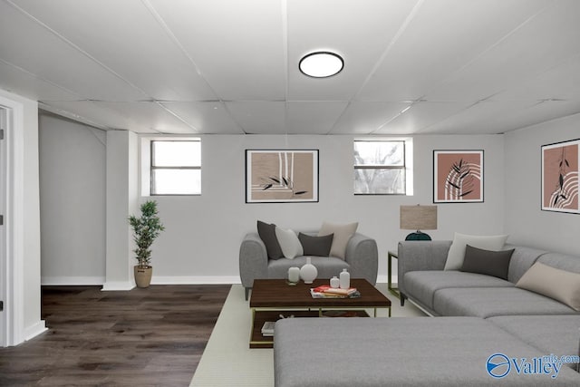 living room with a drop ceiling and dark hardwood / wood-style flooring