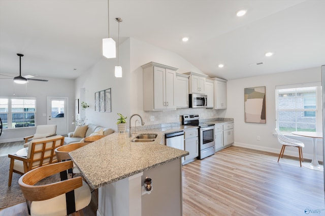 221 Alonzo Toney Dr, Madison, AL 35756 - kitchen featuring stainless steel appliances, a sink, vaulted ceiling, light wood-style flooring, and a peninsula