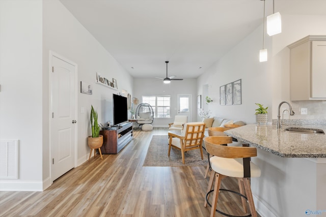221 Alonzo Toney Dr, Madison, AL 35756 - living room with light wood finished floors, a ceiling fan, and baseboards