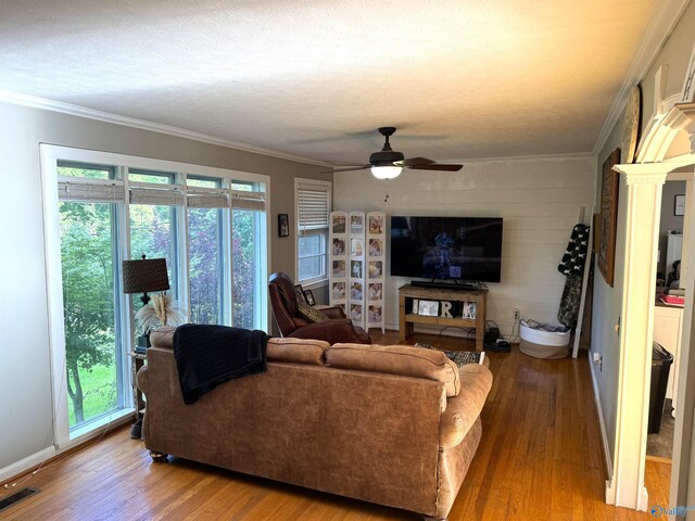 205 Pine Rd, Gadsden, AL 35901 - living room featuring wood finished floors, a ceiling fan, healthy amount of natural light, ornamental molding, and baseboards