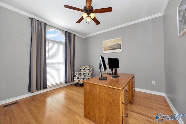 office area featuring crown molding, light hardwood / wood-style flooring, and ceiling fan