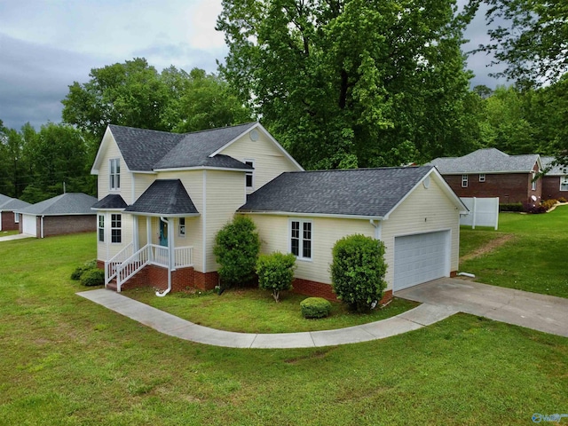 view of front facade featuring a garage, driveway, a front yard, and a shingled roof