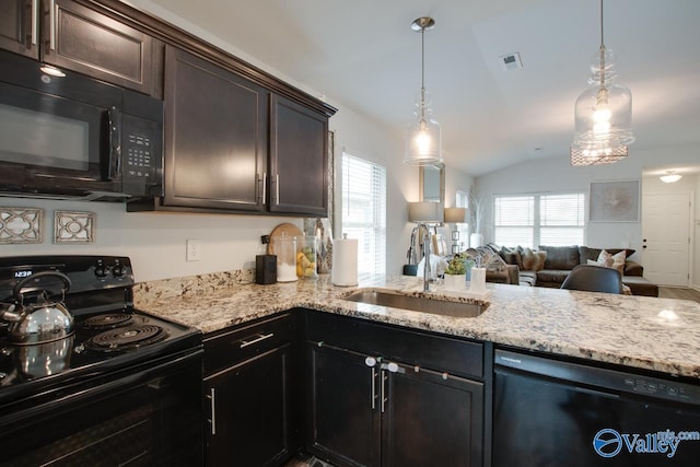 kitchen with black appliances, a sink, light stone counters, dark brown cabinetry, and lofted ceiling