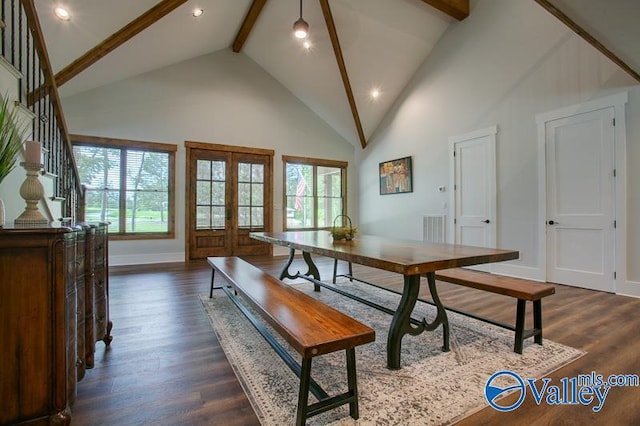 dining space featuring french doors, beam ceiling, high vaulted ceiling, baseboards, and dark wood-style floors