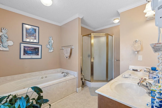 bathroom featuring crown molding, shower with separate bathtub, vanity, and a textured ceiling