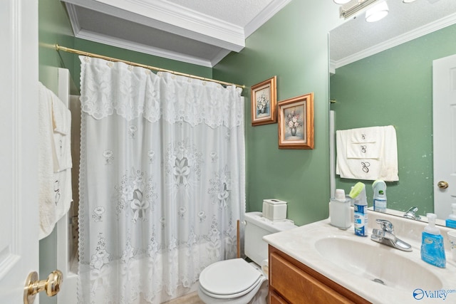 full bathroom with crown molding, shower / bath combo, vanity, a textured ceiling, and toilet