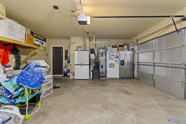 garage featuring white refrigerator with ice dispenser, electric water heater, a garage door opener, and stainless steel fridge with ice dispenser