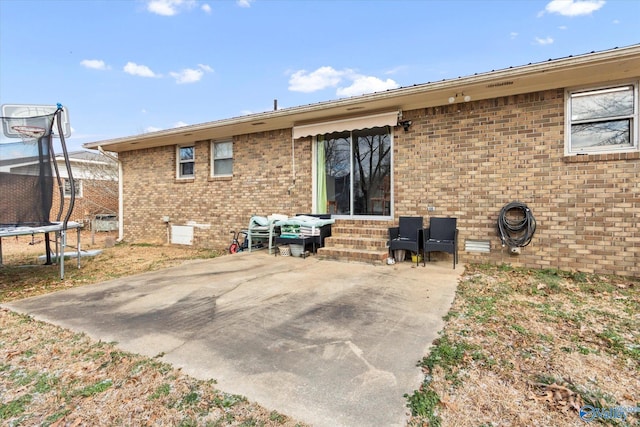 back of house with entry steps, a patio, crawl space, a trampoline, and brick siding