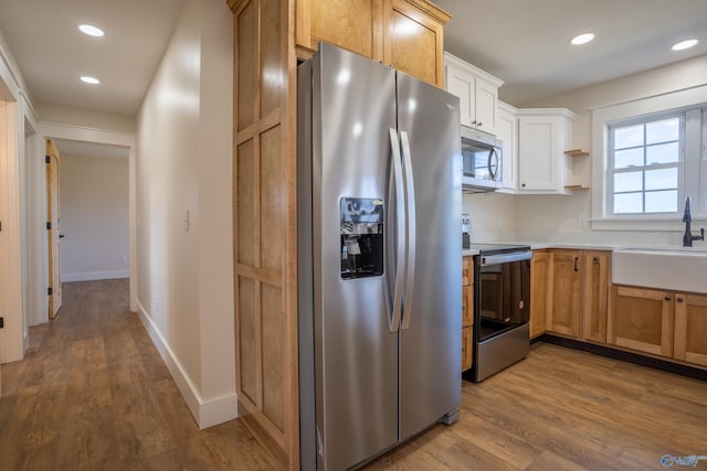 kitchen featuring a sink, wood finished floors, recessed lighting, appliances with stainless steel finishes, and light countertops