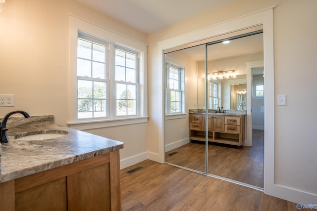 full bathroom with a sink, visible vents, two vanities, and wood finished floors