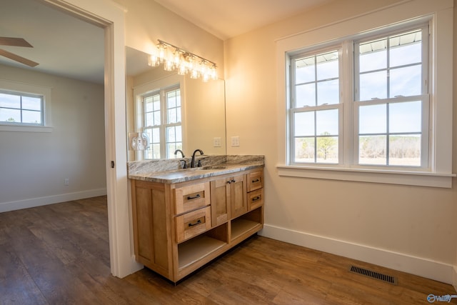 bathroom featuring visible vents, vanity, baseboards, and wood finished floors