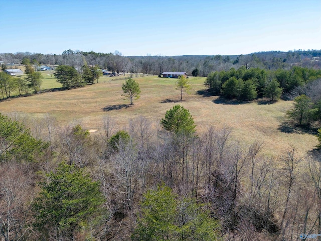 birds eye view of property with a rural view and a wooded view