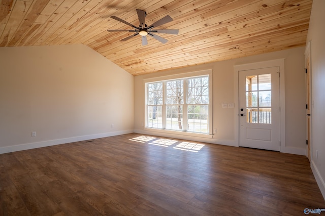 interior space with vaulted ceiling, wood ceiling, dark wood-style floors, and ceiling fan
