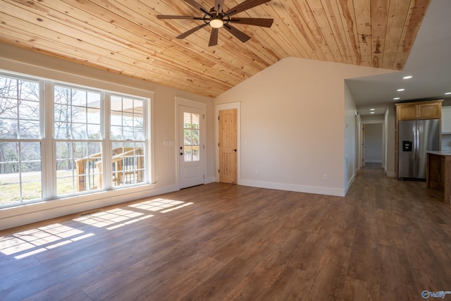 unfurnished living room with a ceiling fan, dark wood-style floors, baseboards, lofted ceiling, and wooden ceiling