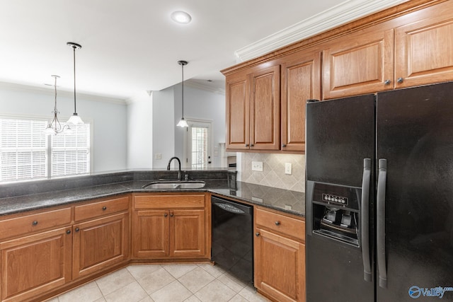 kitchen with light tile patterned floors, ornamental molding, a sink, black appliances, and tasteful backsplash