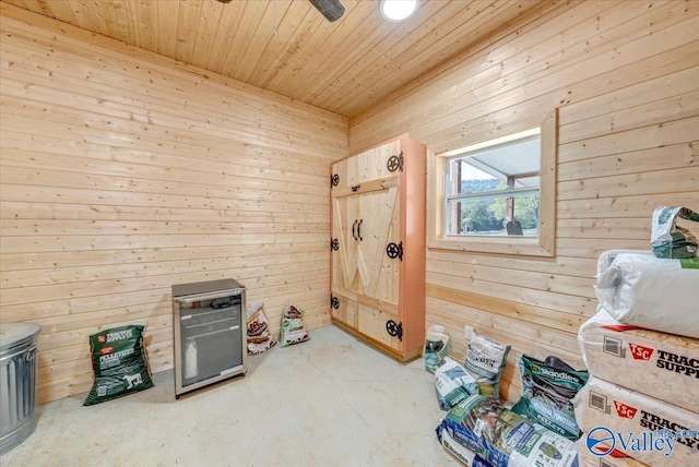 misc room featuring wooden walls and wooden ceiling