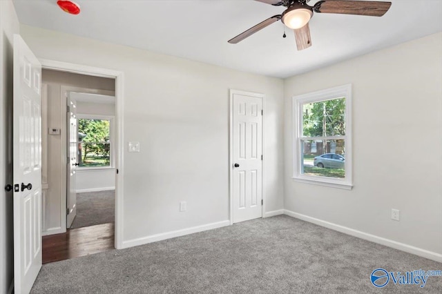 spare room featuring carpet flooring, a wealth of natural light, and ceiling fan