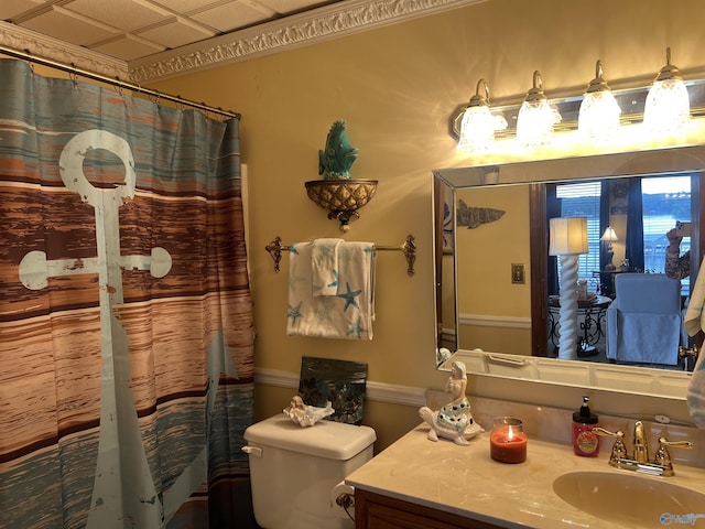 bathroom featuring walk in shower, vanity, and toilet