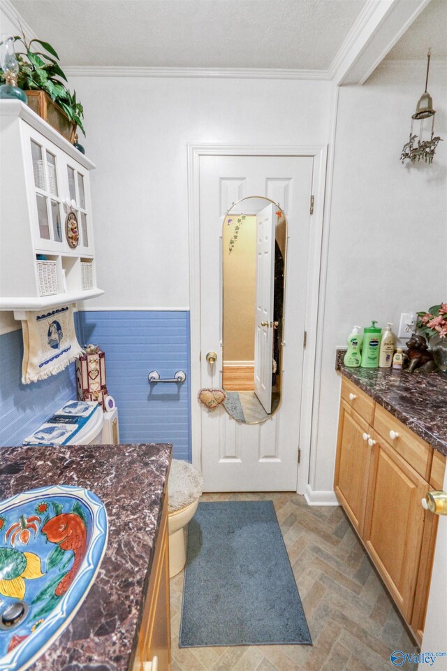 bathroom featuring vanity, toilet, and ornamental molding