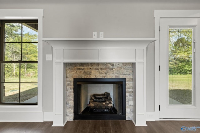 interior details featuring hardwood / wood-style flooring and a fireplace