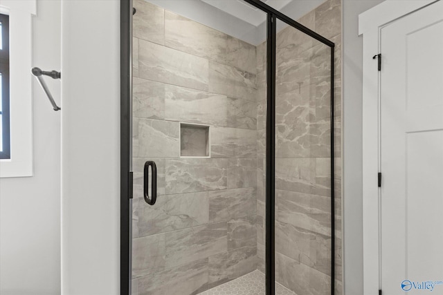 bathroom featuring a shower with shower door