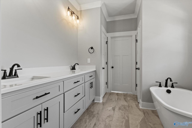 bathroom with a washtub, dual vanity, and tile patterned floors