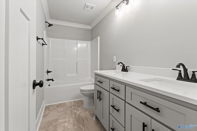 full bathroom featuring tile patterned flooring, shower / washtub combination, toilet, dual vanity, and ornamental molding