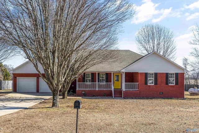 ranch-style house with a garage and a porch