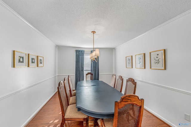 dining area featuring ornamental molding, wood-type flooring, and a textured ceiling