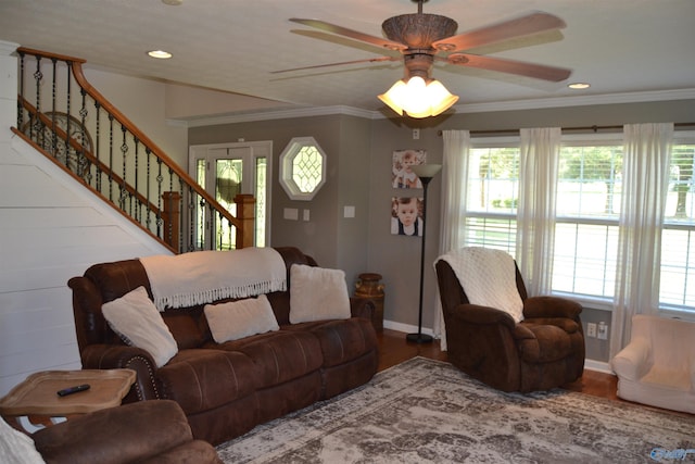 living room with wood-type flooring, ceiling fan, and ornamental molding