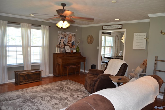 living room featuring crown molding, a healthy amount of sunlight, ceiling fan, and dark hardwood / wood-style flooring