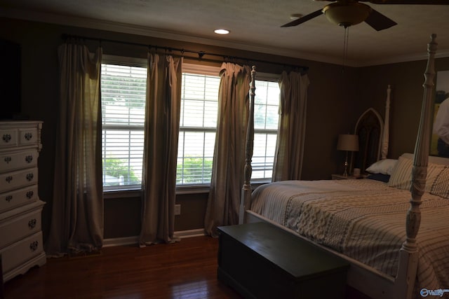 bedroom with ceiling fan, multiple windows, dark hardwood / wood-style flooring, and crown molding