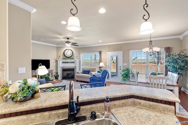 kitchen featuring open floor plan, hanging light fixtures, a fireplace, and wood finished floors