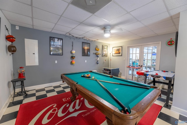 recreation room with a drop ceiling, electric panel, billiards, baseboards, and tile patterned floors