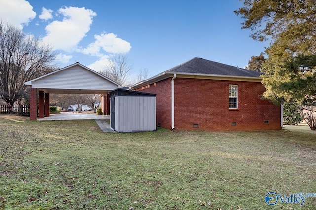 view of property exterior with a carport, a storage shed, and a lawn