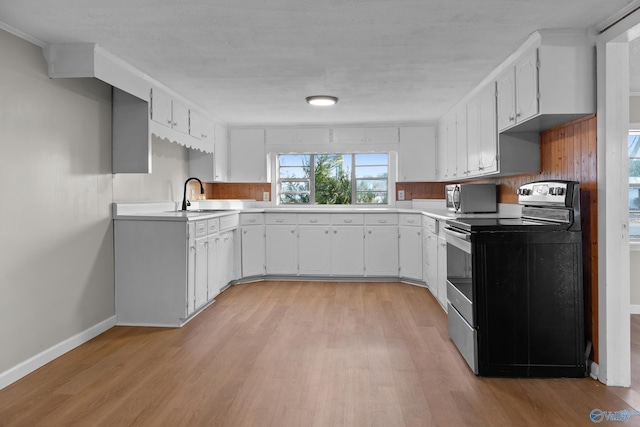 kitchen featuring light wood-type flooring, stainless steel microwave, range with electric stovetop, and light countertops