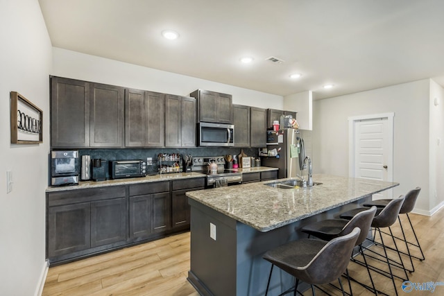 kitchen with visible vents, appliances with stainless steel finishes, a breakfast bar, a kitchen island with sink, and a sink