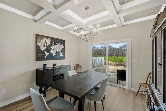 dining space with light wood finished floors, baseboards, and coffered ceiling