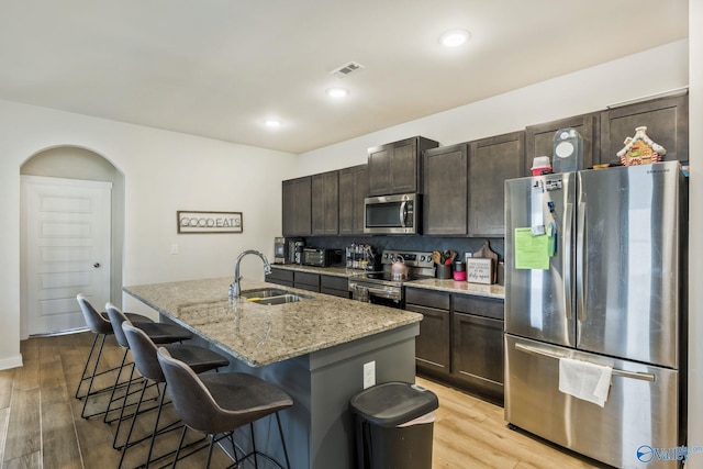 kitchen with a breakfast bar, a sink, visible vents, appliances with stainless steel finishes, and a center island with sink