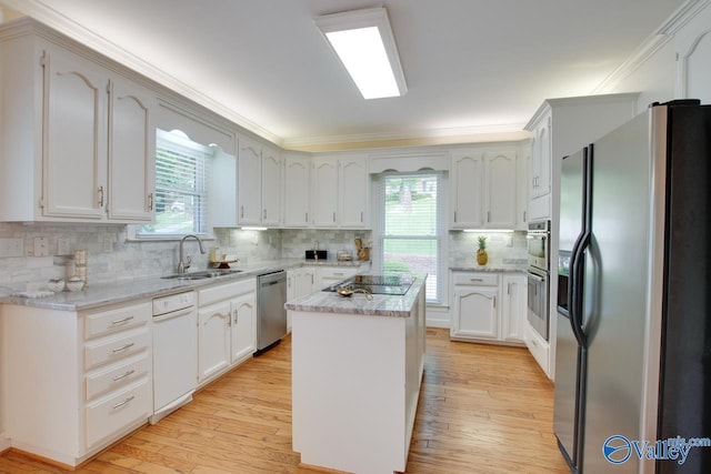 kitchen with stainless steel appliances, a sink, healthy amount of natural light, light wood finished floors, and ornamental molding