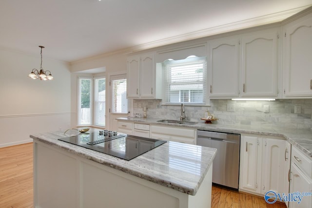 kitchen featuring stainless steel dishwasher, a sink, black electric stovetop, backsplash, and a kitchen island