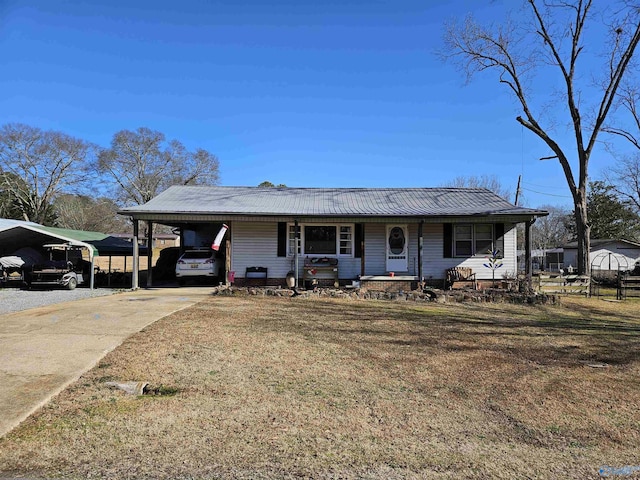 single story home with covered porch and a front lawn