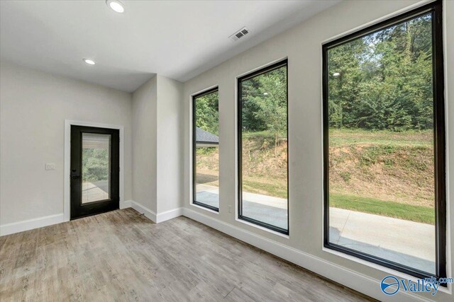 doorway to outside featuring a wealth of natural light and light hardwood / wood-style floors