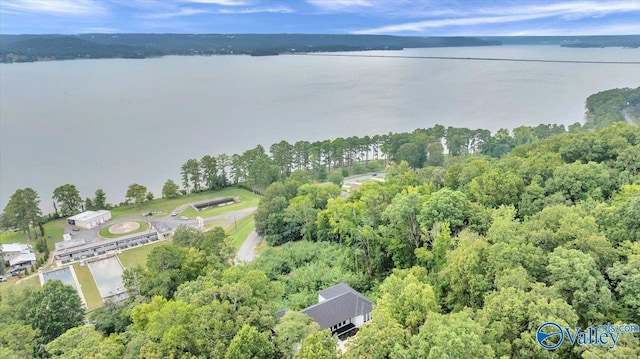 aerial view featuring a water view and a forest view