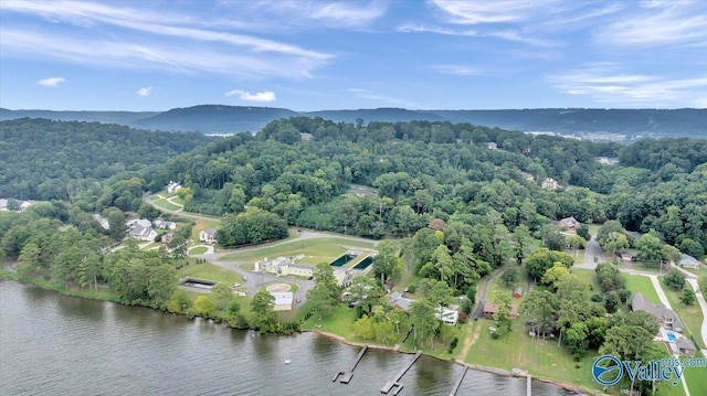 birds eye view of property with a water view and a wooded view