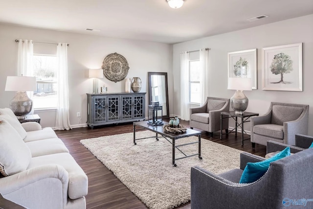 REVERE2 Saddle St, New Market, AL 35761 - living room featuring baseboards, visible vents, dark wood-style flooring, and a healthy amount of sunlight