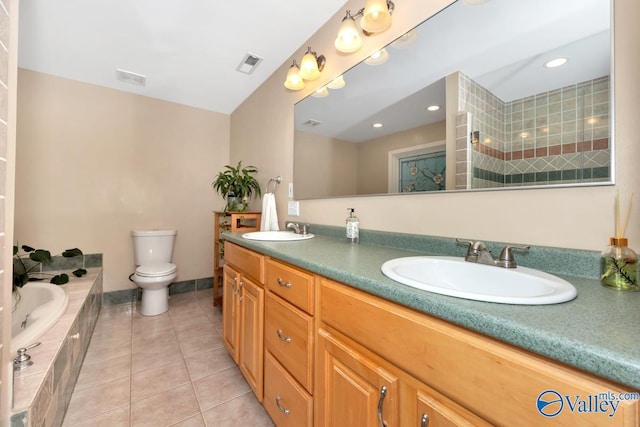 1867 Shellbrook Dr, Huntsville, AL 35806 - bathroom featuring tile patterned floors, double vanity, a bath, toilet, and tiled shower