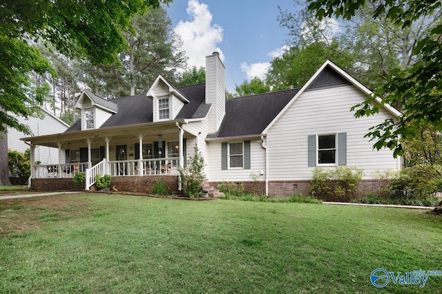 1867 Shellbrook Dr, Huntsville, AL 35806 - cape cod-style house with a chimney, covered porch, a front lawn, and a shingled roof